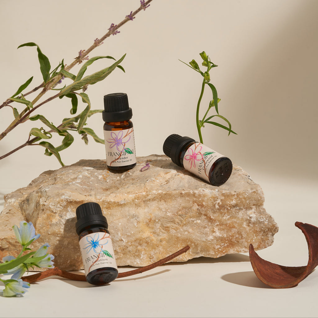 Three Frangipani essential oil bottles styled on a stone with fresh botanicals