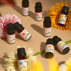 Full collection of Frangipani essential oil bottles among dahlias