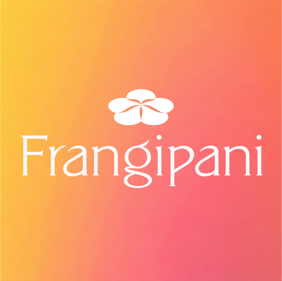 A square graphic with a warm gradient background transitioning from yellow-orange on the left to pink on the right, featuring the white Frangipani wordmark and a white flower icon centered above it.