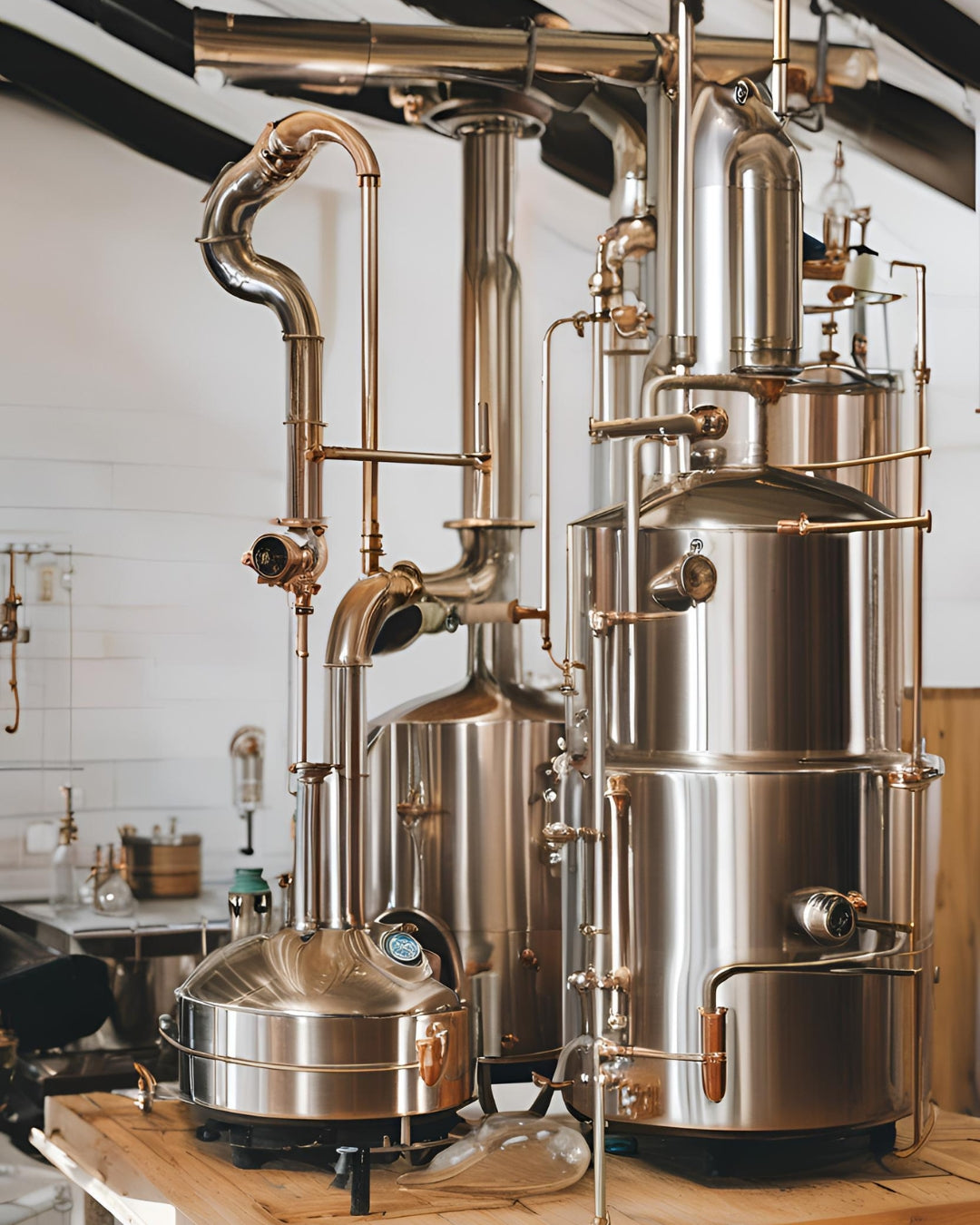 A large copper and stainless steel distillation setup, likely for whiskey or beer production, displayed on a wooden workbench in a workshop with white brick walls.
