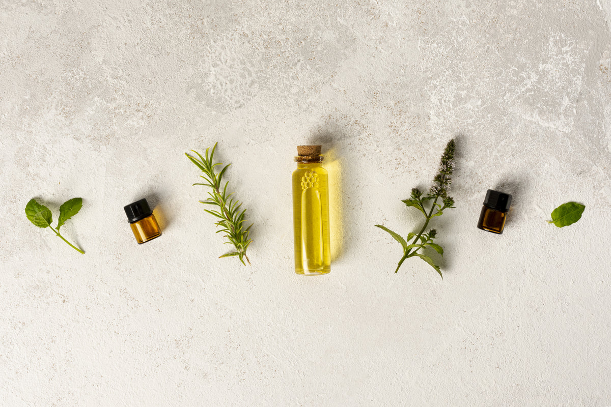 Essential oil bottles with herbs on a textured surface